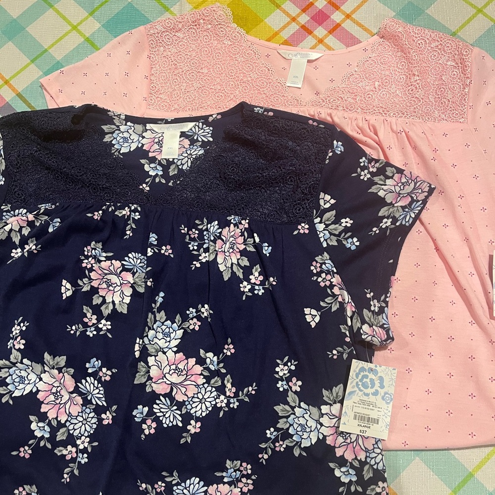 2 JCPenney Nightgowns XXL Floral Lace Sleep Shirts NWT Pink & Navy